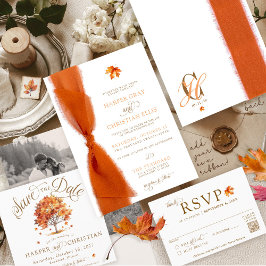 Invitación Boda de otoño con cinta moderna de hojas simples