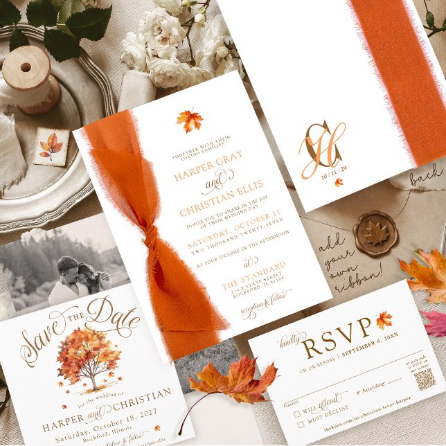 Invitación Boda de otoño con cinta moderna de hojas simples (Simple elegant watercolor fall leaf tree script monogram Autumn wedding invitation, just add ribbon!)