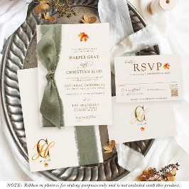 Invitación Boda de otoño con cinta rústica y hojas elegantes
