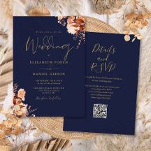 Boda de Otoño con Código QR Azul Marino y Dorado