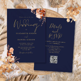 Invitación Boda de Otoño con Código QR Azul Marino y Dorado