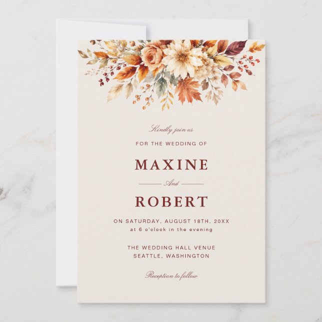 Invitación Boda de otoño con código QR botánico de hojas de o (Anverso)