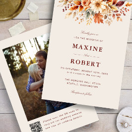 Invitación Boda de otoño con código QR botánico de hojas de o