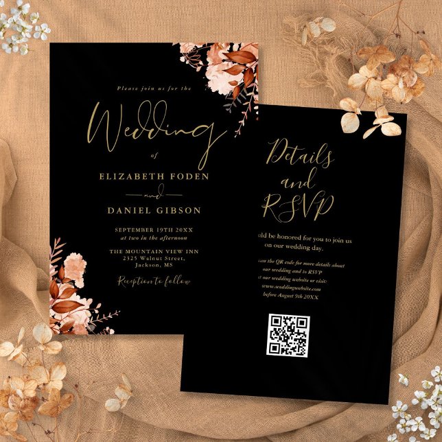 Invitación Boda de otoño con código QR negro y dorado (Autumn Fall Black And Gold QR Code Wedding Invitation)