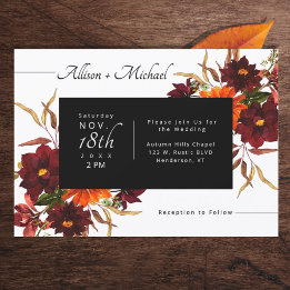 Invitación Boda de otoño con dalias en color burdeos quemado