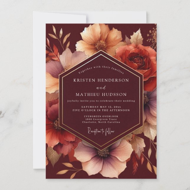 Invitación Boda de Otoño con Floración de Borgoña (Anverso)