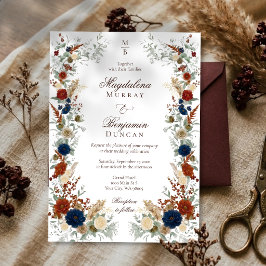 Invitación Boda de otoño con flores azules marino y naranja q