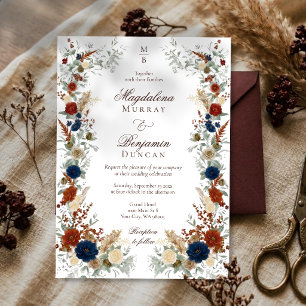 Invitación Boda de otoño con flores azules marino y naranja q