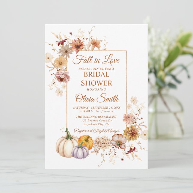 Invitación Boda de otoño con flores de calabaza oxidadas (Anverso de pie)