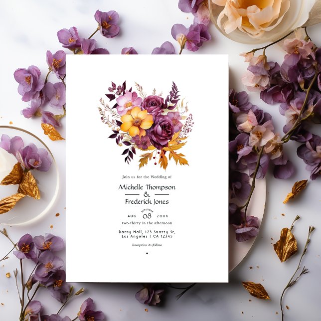 Invitación Boda de otoño con flores de vino de oro y ciruela (Subido por el creador)
