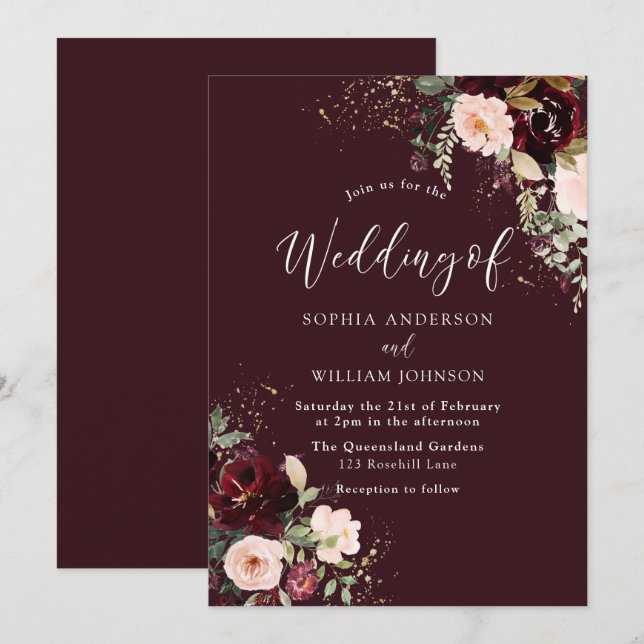 Invitación Boda de otoño con flores de vino rojo borgoña prof (Anverso / Reverso)
