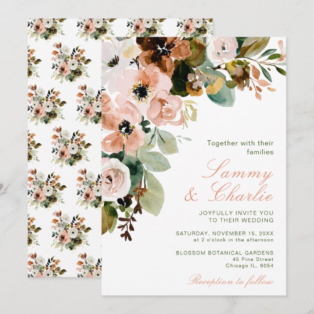 Invitación Boda de otoño con flores rosadas y follaje (Anverso / Reverso)