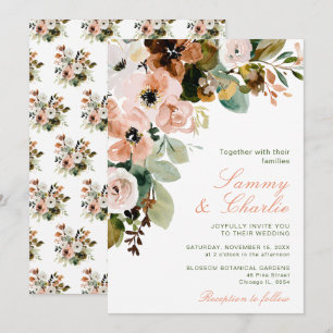 Invitación Boda de otoño con flores rosadas y follaje