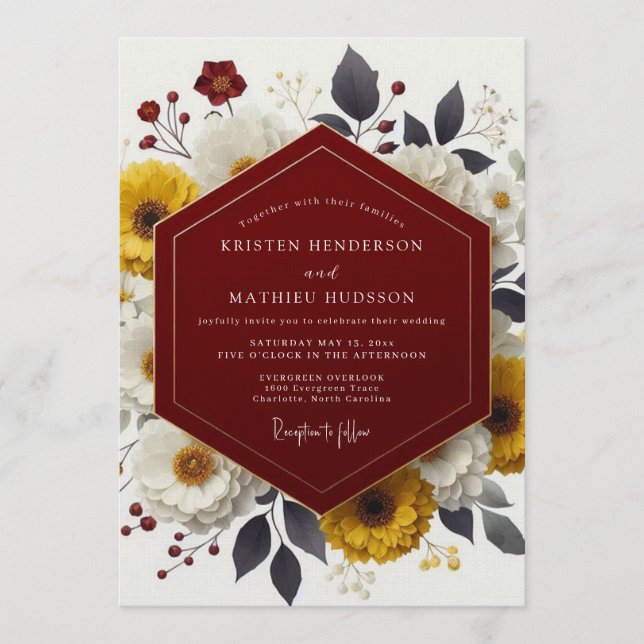 Invitación Boda de otoño con girasoles rústicos de Borgoña (Anverso)