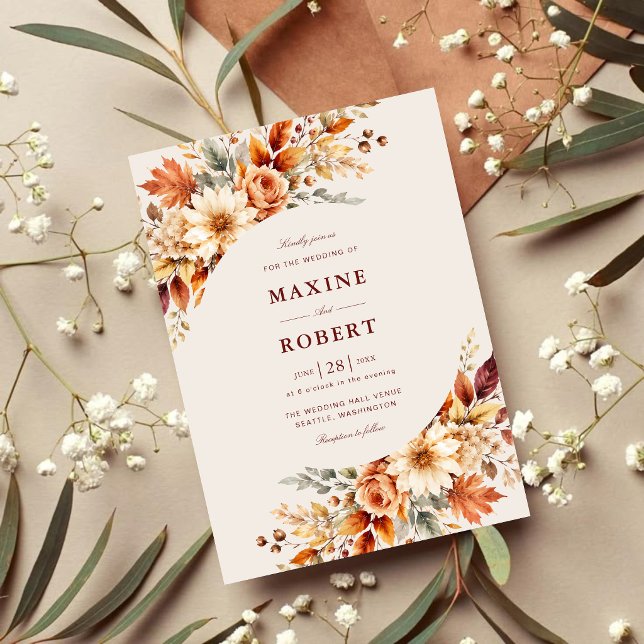 Invitación Boda de Otoño con Hojas Botánicas Acuarela (Fall leaves botanical watercolor invitation brings cozy autumn romance to your wedding.)