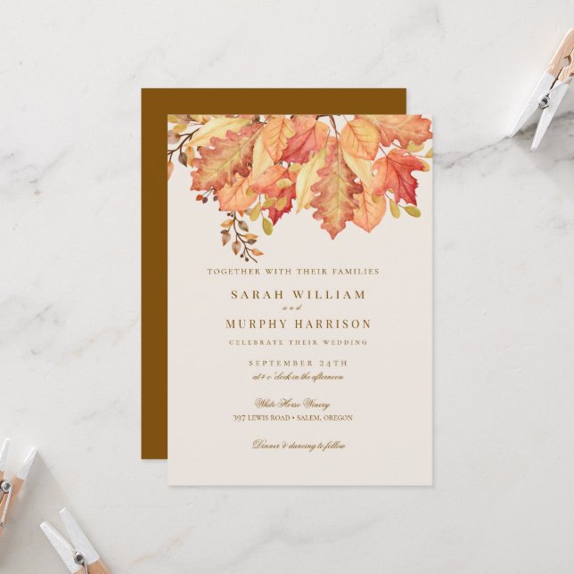 Invitación Boda de Otoño con Hojas de Acuarela Elegantes  (Anverso/Reverso In Situ)