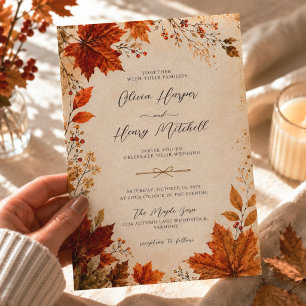 Invitación Boda de Otoño con Hojas de Arce Naranja Quemado Rú