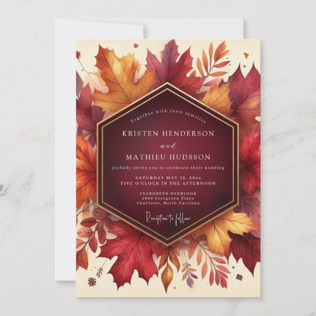 Invitación Boda de Otoño con Hojas de Borgoña (Anverso)