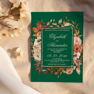 Invitación Boda de otoño con hojas florales marrones y verdes