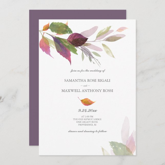 Invitación Boda de otoño con hojas moradas (Anverso / Reverso)