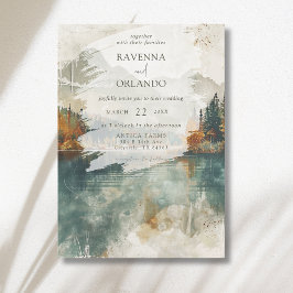 Invitación Boda de otoño con lago de montaña en acuarela vint