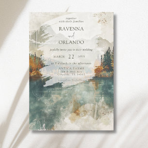 Invitación Boda de otoño con lago de montaña en acuarela vint