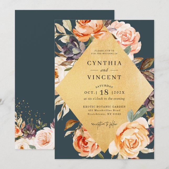 Invitación Boda de otoño con marco de oro floral rústico (Anverso / Reverso)