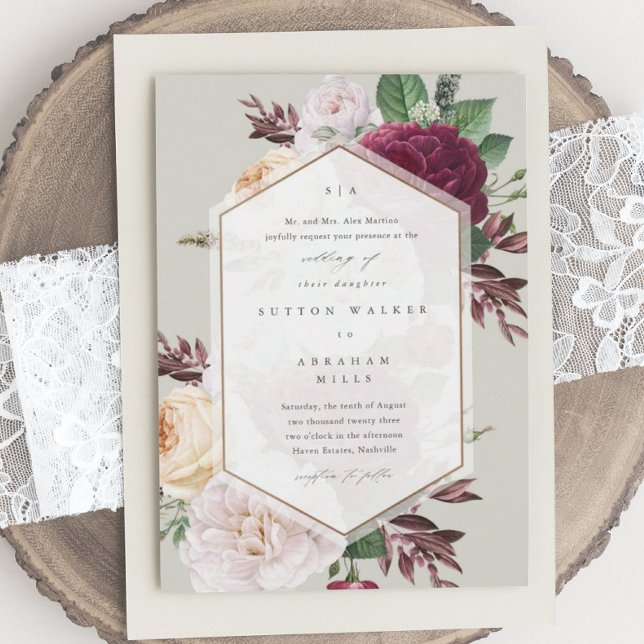 Invitación Boda de otoño con monograma floral (Vintage floral bouquet ivory wedding invitations.)