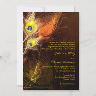 Invitación Boda de otoño con plumas de pavo real de oro