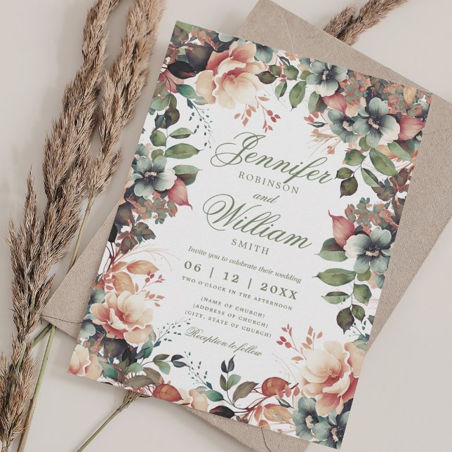 Invitación Boda de otoño con QR RSVP de otoño de otoño con fl (Bohemian Floral Fall Autumn Wedding w/ QR RSVP Invitation)