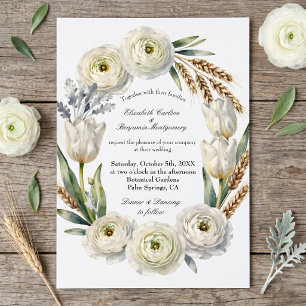 Invitación Boda de otoño con trigo seco y flores blancas en a