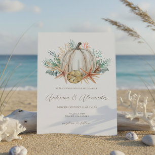 Invitación Boda de Otoño Costero con Calabaza y Conchas Marin