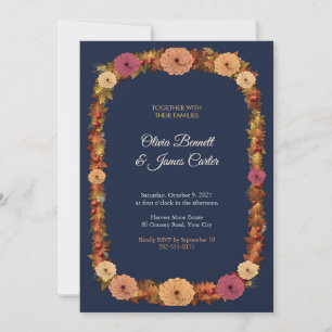 Invitación Boda de otoño Dahlia y corona de trigo Navy