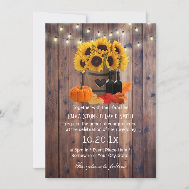 Invitación Boda de otoño de barril de vino de girasol ruso (Anverso)