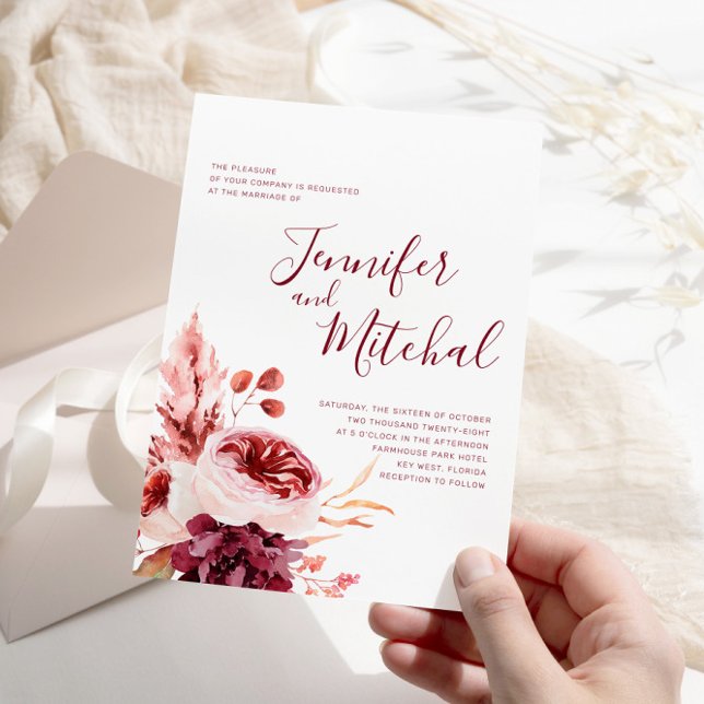 Invitación Boda de otoño de borgoña y floral rosa (Subido por el creador)