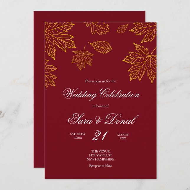 Invitación Boda de otoño de Borgoña y Hoja de Oro (Anverso / Reverso)