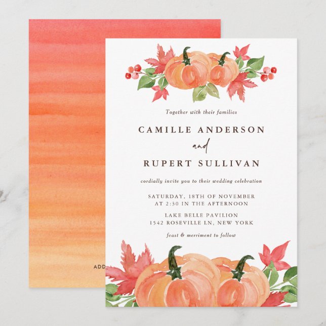 Invitación Boda de otoño de calabazas acuarelas (Anverso / Reverso)