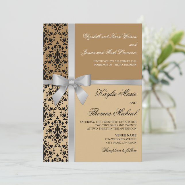 Invitación Boda de otoño de Damask Faux Silver Ribbon (Anverso de pie)