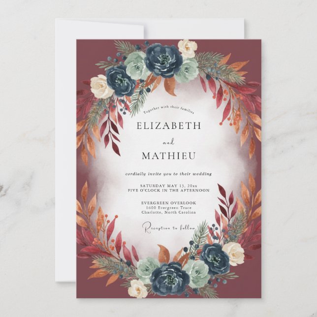 Invitación Boda de Otoño de Eucalipto Cobre de Borgoña (Anverso)