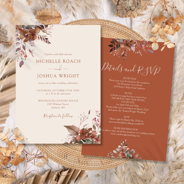 Invitación Boda De Otoño De Floral Rústica (All In One Rustic Floral Autumn Fall Wedding Invitation)