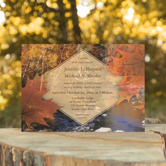 Invitación Boda de otoño de hojas de arce de madera de Creeks (Subido por el creador)
