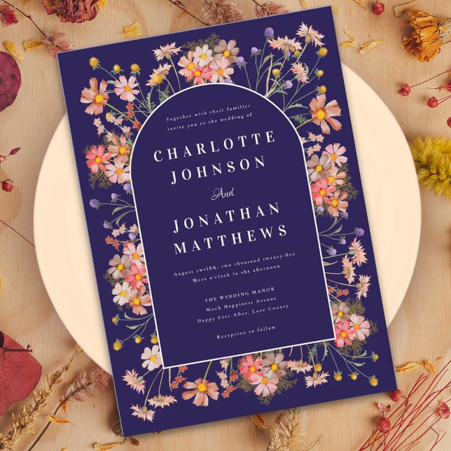 Invitación Boda de otoño de Naranja quemada por la marina arc (Wildflower arch elegant script navy blue burnt orange terracotta fall wedding invitation )