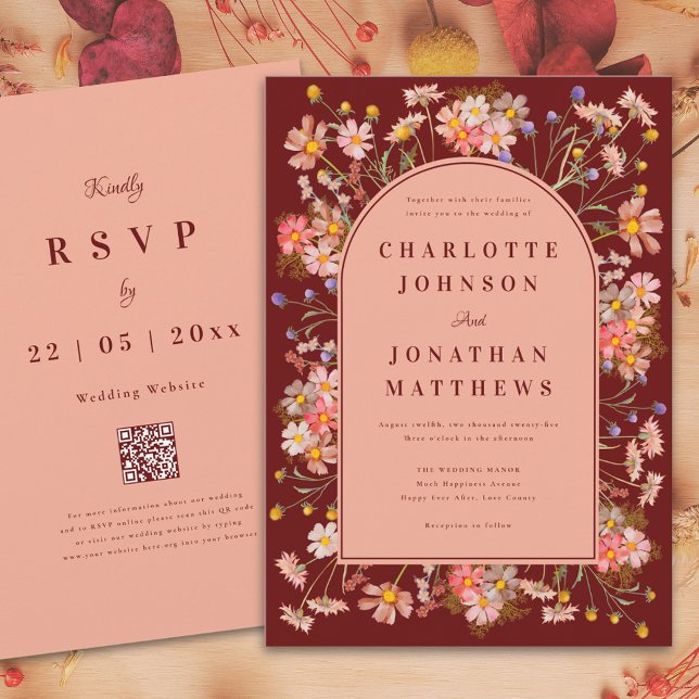 Invitación Boda de otoño de Naranja quemado en Terracota (Wildflower boho arch terracotta burnt orange fall wedding invitation with website qr code)