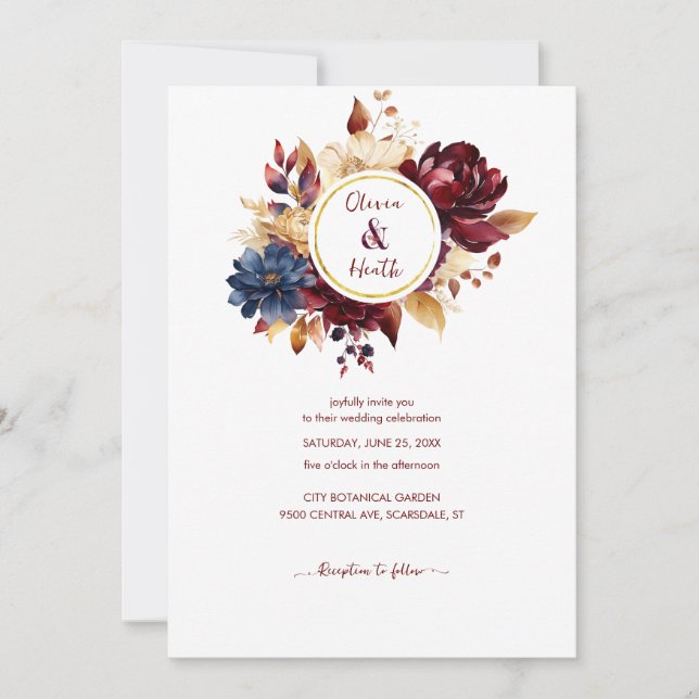 Invitación Boda de otoño de Navy Burgundy (Anverso)