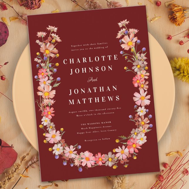 Invitación Boda de otoño de Terracotta, Naranja quemado de fl (Elegant terracotta wildflower wreath fall wedding invitation )
