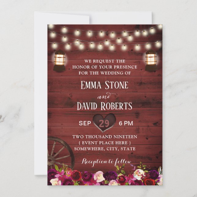 Invitación Boda de otoño de una linterna rústica floral vinta (Anverso)