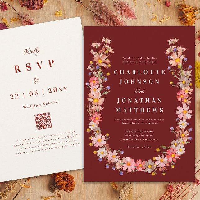 Invitación Boda de otoño de Wildflower Terracotta Beige (Boho wildflower wreath terracotta fall wedding invitation )