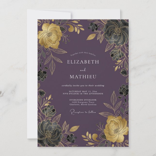 Invitación Boda de Otoño Dorada Ciruela (Anverso)