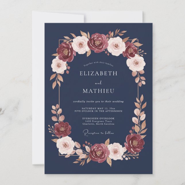 Invitación Boda de Otoño Dorada en Azul Marino (Anverso)