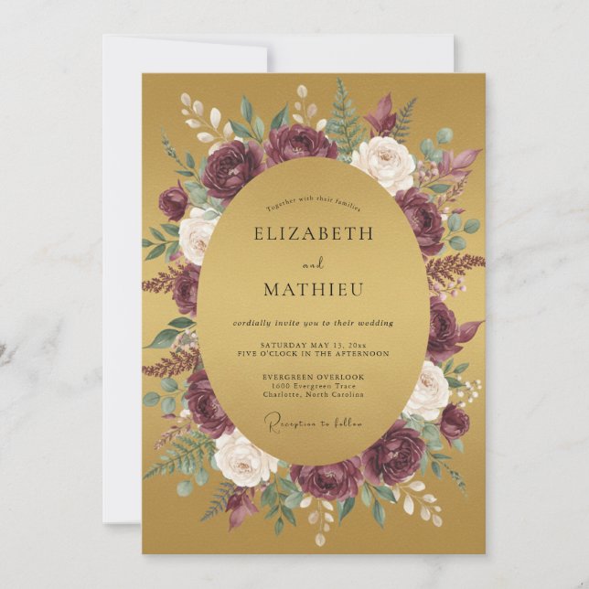 Invitación Boda de otoño dorada en borgoña (Anverso)